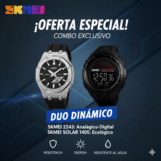 COMBO RELOJ METAL CARBONO SKMEI 2243 Y SKMEI SOLAR
